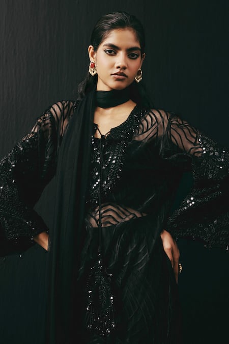 Shop_Twenty Nine_Black Tulle Mirrors Applique Dupatta _Online_at_Aza_Fashions