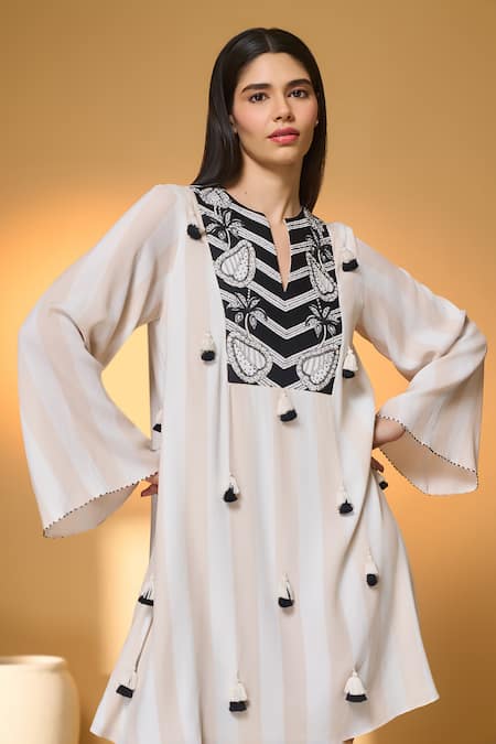 Masaba_Ivory Silk, Crepe Embroidery, Tassels Split V-neck Dinner At Dusk Dress _Online_at_Aza_Fashions