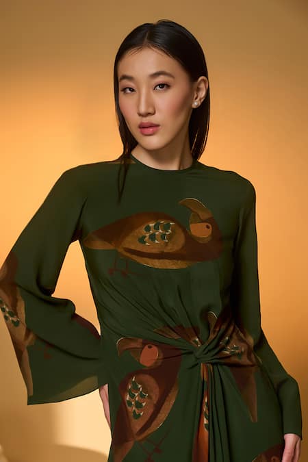 Masaba_Olive Green Silk, Crepe High Neck Chirpy Bird Print Dress _Online_at_Aza_Fashions