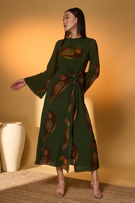 Buy_Masaba_Olive Green Silk, Crepe High Neck Chirpy Bird Print Dress _Online_at_Aza_Fashions