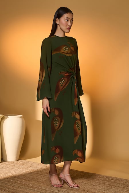 Shop_Masaba_Olive Green Silk, Crepe High Neck Chirpy Bird Print Dress _Online_at_Aza_Fashions