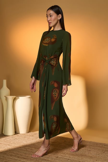 Masaba_Olive Green Silk, Crepe High Neck Chirpy Bird Print Dress _at_Aza_Fashions