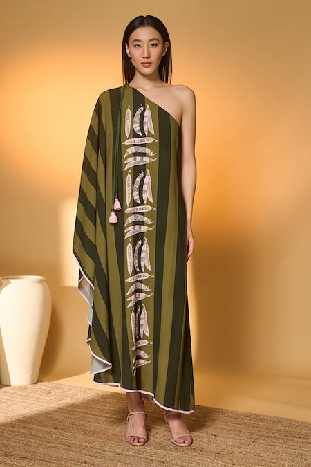 Masaba_Green Silk, Crepe Tassels One Shoulder Totem Pod Striped Kaftan _Online_at_Aza_Fashions