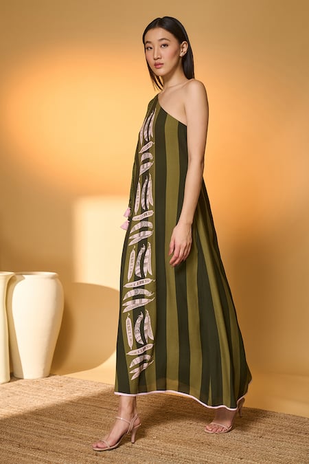 Buy_Masaba_Green Silk, Crepe Tassels One Shoulder Totem Pod Striped Kaftan _Online_at_Aza_Fashions