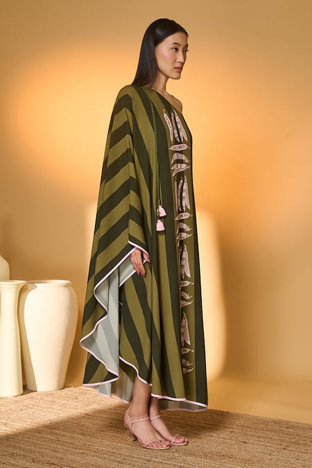 Shop_Masaba_Green Silk, Crepe Tassels One Shoulder Totem Pod Striped Kaftan _Online_at_Aza_Fashions