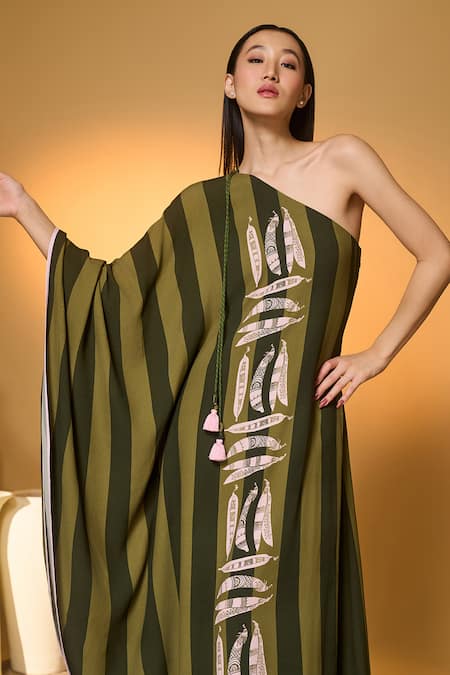 Masaba_Green Silk, Crepe Tassels One Shoulder Totem Pod Striped Kaftan _at_Aza_Fashions