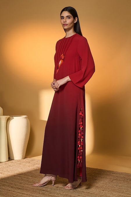 Masaba Red Silk, Crepe Embroidery, Tassels Round Neck Scarletwing Flock Kaftan Online at Aza Fashions Masaba_Red Silk, Crepe Embroidery, Tassels Round Neck Scarletwing Flock Kaftan _Online_at_Aza_Fashions