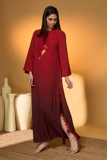 Buy Masaba Red Silk, Crepe Embroidery, Tassels Round Neck Scarletwing Flock Kaftan Online at Aza Fashions Buy_Masaba_Red Silk, Crepe Embroidery, Tassels Round Neck Scarletwing Flock Kaftan _Online_at_Aza_Fashions