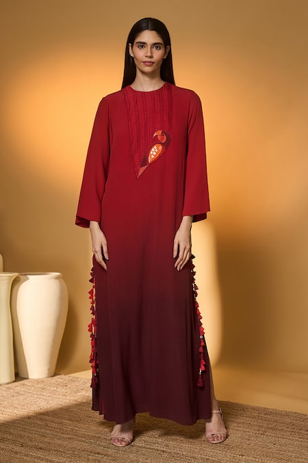 Shop Masaba Red Silk, Crepe Embroidery, Tassels Round Neck Scarletwing Flock Kaftan Online at Aza Fashions Shop_Masaba_Red Silk, Crepe Embroidery, Tassels Round Neck Scarletwing Flock Kaftan _Online_at_Aza_Fashions