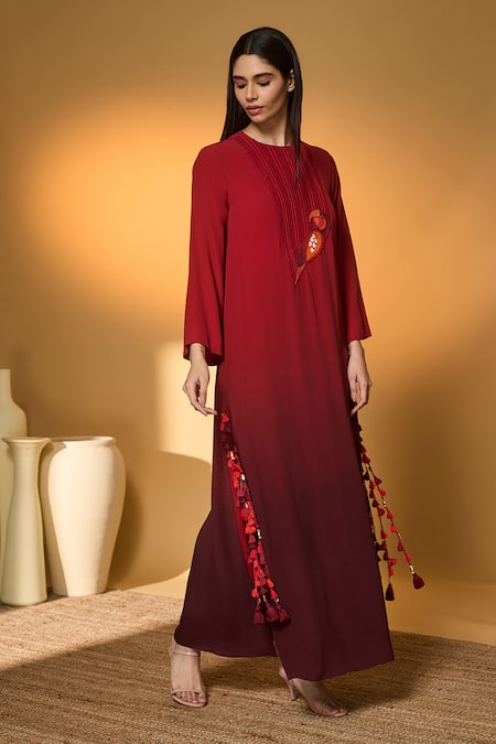 Masaba Red Silk, Crepe Embroidery, Tassels Round Neck Scarletwing Flock Kaftan at Aza Fashions Masaba_Red Silk, Crepe Embroidery, Tassels Round Neck Scarletwing Flock Kaftan _at_Aza_Fashions