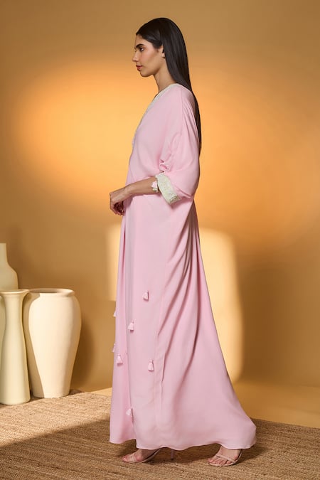 Masaba_Pink Silk, Crepe Embroidery, Tassels V-neck Blush Breeze Kaftan _Online_at_Aza_Fashions