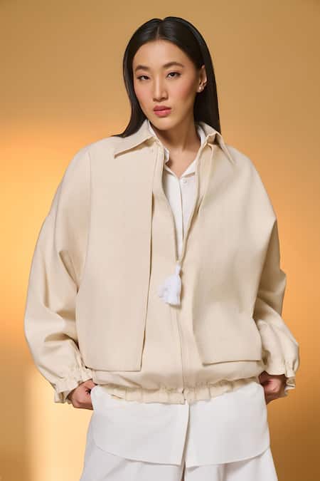 Masaba_Ivory Cotton Collared Pine Code Handwoven Jacket _Online_at_Aza_Fashions