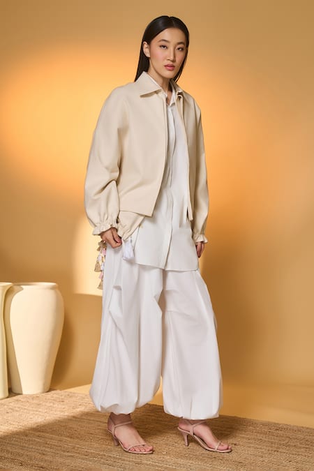 Buy_Masaba_Ivory Cotton Collared Pine Code Handwoven Jacket _Online_at_Aza_Fashions