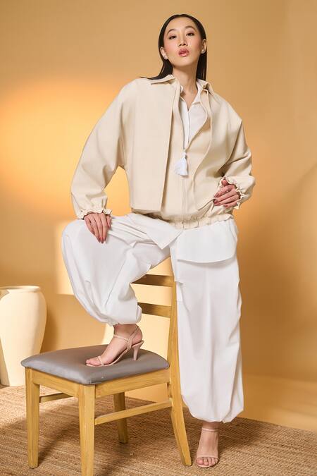 Masaba_Ivory Cotton Collared Pine Code Handwoven Jacket _at_Aza_Fashions