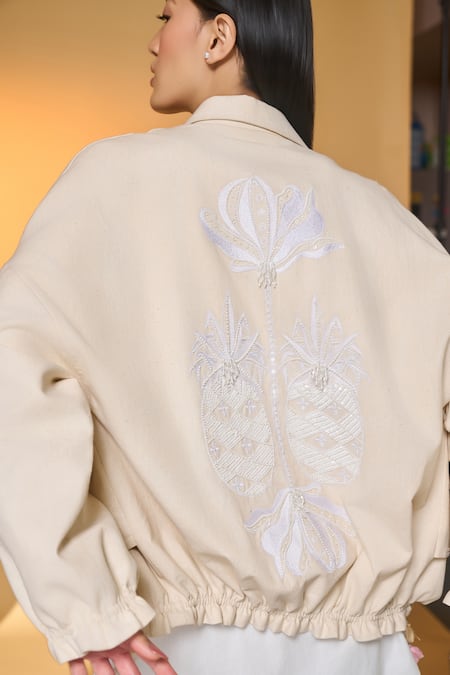 Shop_Masaba_Ivory Cotton Collared Pine Code Handwoven Jacket 