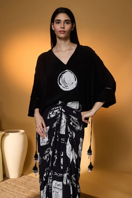 Masaba_Black Silk, Crepe V-neck Lunar Nomad Top And Skirt Set _Online_at_Aza_Fashions