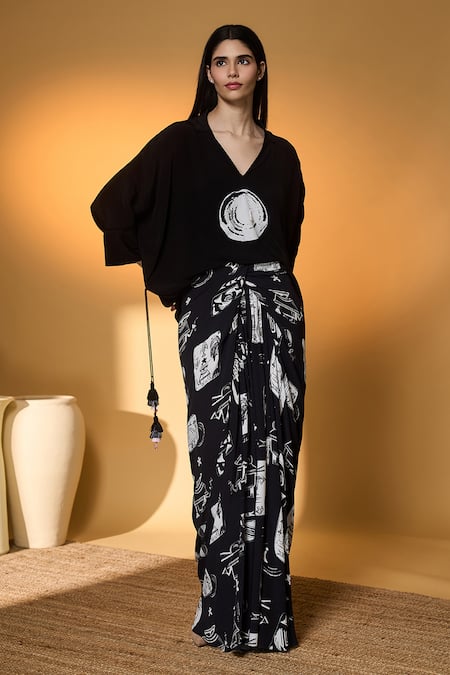 Masaba_Black Silk, Crepe V-neck Lunar Nomad Top And Skirt Set _at_Aza_Fashions