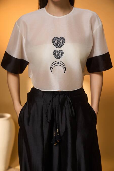 Masaba_White Chanderi Round Neck Midnight Snack Top And Pant Set _Online_at_Aza_Fashions