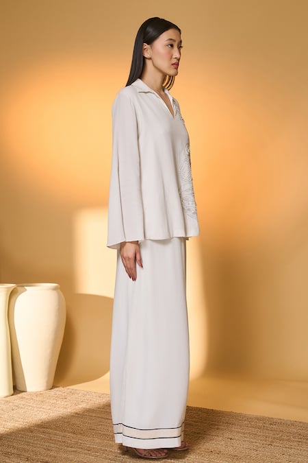 Masaba_Ivory Silk, Crepe Embroidery Split V-neck Table For One Top With Overlapped Pant _Online_at_Aza_Fashions