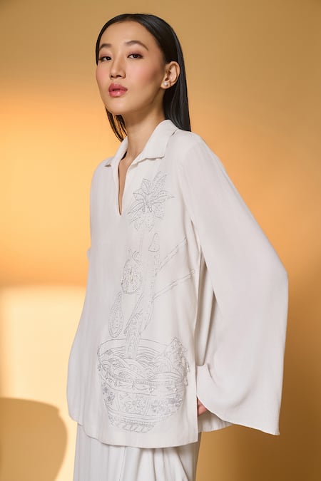 Buy_Masaba_Ivory Silk, Crepe Embroidery Split V-neck Table For One Top With Overlapped Pant _Online_at_Aza_Fashions