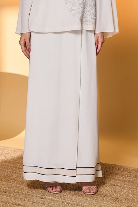 Shop_Masaba_Ivory Silk, Crepe Embroidery Split V-neck Table For One Top With Overlapped Pant _Online_at_Aza_Fashions