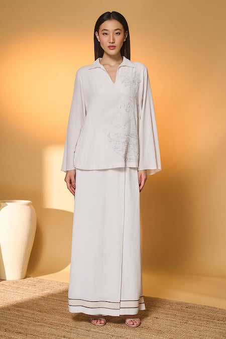 Masaba_Ivory Silk, Crepe Embroidery Split V-neck Table For One Top With Overlapped Pant _at_Aza_Fashions