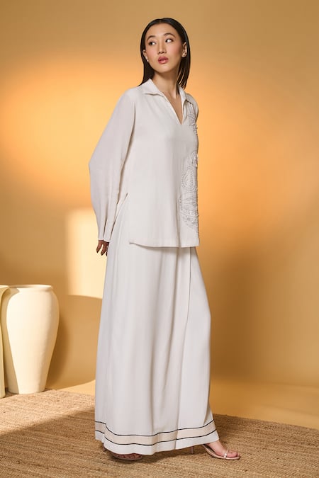 Shop_Masaba_Ivory Silk, Crepe Embroidery Split V-neck Table For One Top With Overlapped Pant 
