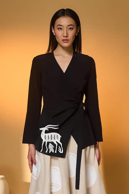 Masaba Black Silk, Crepe, Handloom Cotton Embroidery Midnight Stag Top And Skirt Set Online at Aza Fashions Masaba_Black Silk, Crepe, Handloom Cotton Embroidery Midnight Stag Top And Skirt Set _Online_at_Aza_Fashions