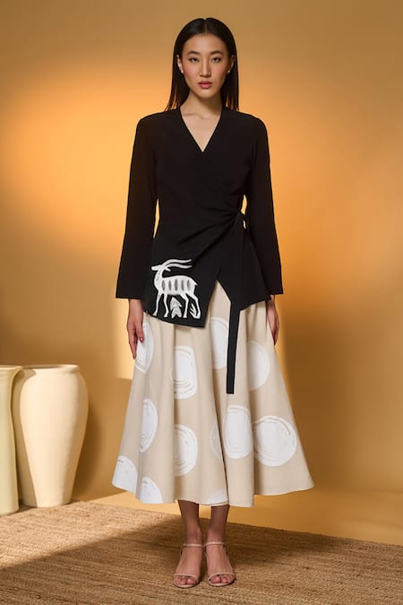 Buy Masaba Black Silk, Crepe, Handloom Cotton Embroidery Midnight Stag Top And Skirt Set Online at Aza Fashions Buy_Masaba_Black Silk, Crepe, Handloom Cotton Embroidery Midnight Stag Top And Skirt Set _Online_at_Aza_Fashions