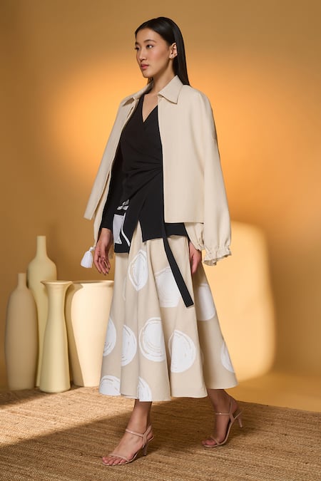 Shop Masaba Black Silk, Crepe, Handloom Cotton Embroidery Midnight Stag Top And Skirt Set Online at Aza Fashions Shop_Masaba_Black Silk, Crepe, Handloom Cotton Embroidery Midnight Stag Top And Skirt Set _Online_at_Aza_Fashions