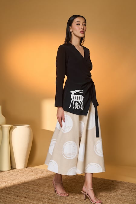 Shop Masaba Black Silk, Crepe, Handloom Cotton Embroidery Midnight Stag Top And Skirt Set Shop_Masaba_Black Silk, Crepe, Handloom Cotton Embroidery Midnight Stag Top And Skirt Set