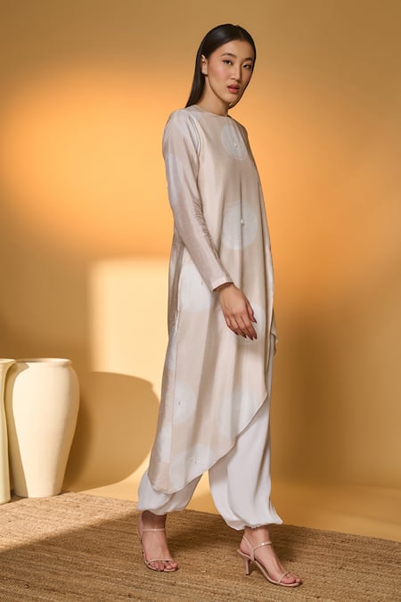 Shop_Masaba_Ivory Silk, Crepe Round Neck Dot Drama Raw Kurta And Pant Set _Online_at_Aza_Fashions
