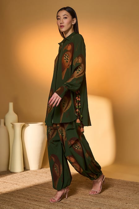 Masaba_Olive Green Silk, Crepe Point Collar Chirpy Chase Shirt And Pant Set _Online_at_Aza_Fashions