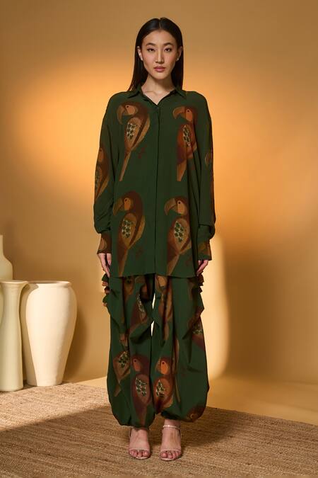 Buy_Masaba_Olive Green Silk, Crepe Point Collar Chirpy Chase Shirt And Pant Set _Online_at_Aza_Fashions