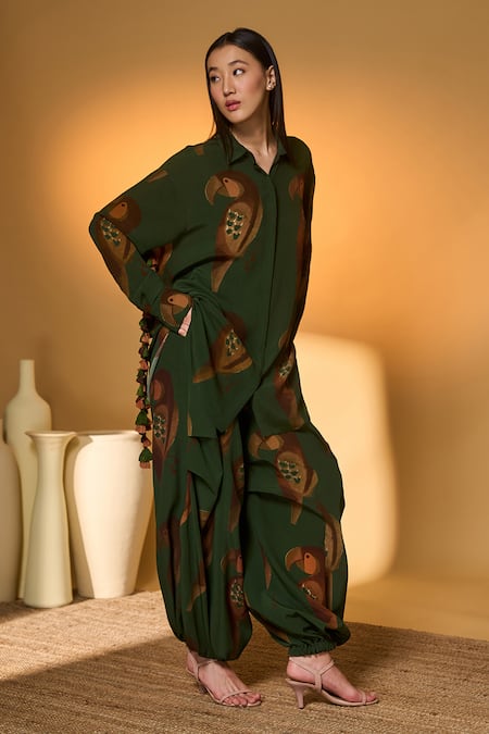 Shop_Masaba_Olive Green Silk, Crepe Point Collar Chirpy Chase Shirt And Pant Set _Online_at_Aza_Fashions