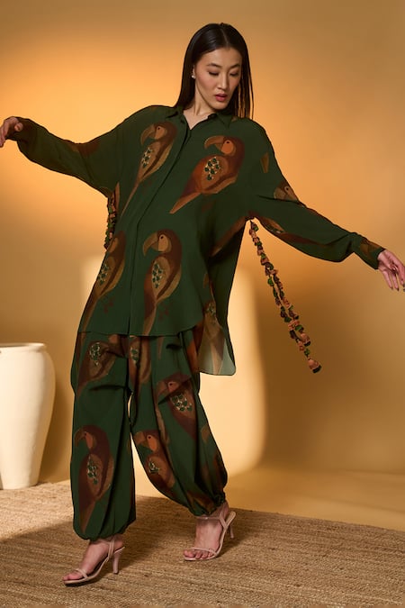 Masaba_Olive Green Silk, Crepe Point Collar Chirpy Chase Shirt And Pant Set _at_Aza_Fashions