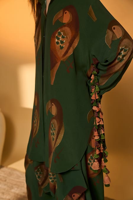 Buy_Masaba_Olive Green Silk, Crepe Point Collar Chirpy Chase Shirt And Pant Set 