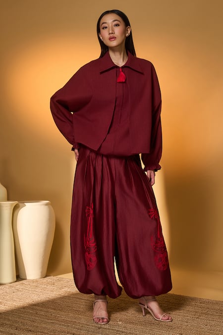 Masaba_Maroon Cotton, Chanderi Collared Pine Code Jacket And Pant Set _Online_at_Aza_Fashions