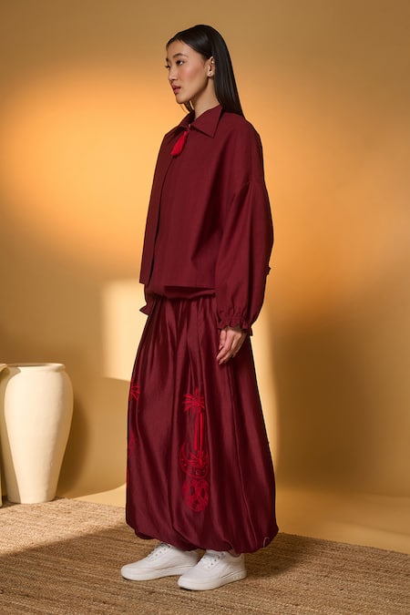 Buy_Masaba_Maroon Cotton, Chanderi Collared Pine Code Jacket And Pant Set _Online_at_Aza_Fashions
