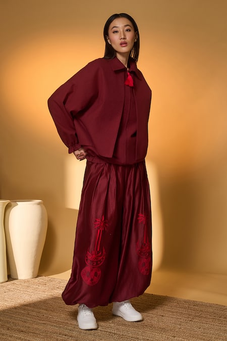 Shop_Masaba_Maroon Cotton, Chanderi Collared Pine Code Jacket And Pant Set _Online_at_Aza_Fashions