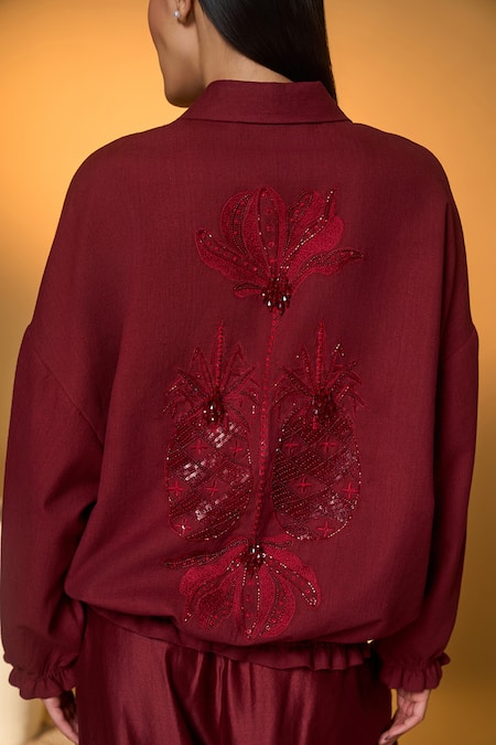 Masaba_Maroon Cotton, Chanderi Collared Pine Code Jacket And Pant Set _at_Aza_Fashions