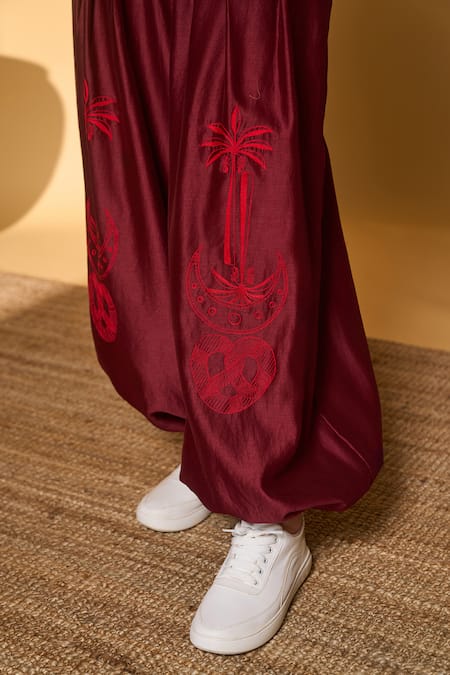 Buy_Masaba_Maroon Cotton, Chanderi Collared Pine Code Jacket And Pant Set 