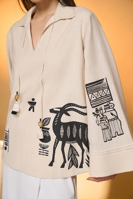 Buy_Masaba_Black Silk, Cotton, Crepe Tassels Split V-neck Noir Stag Top With Pant 