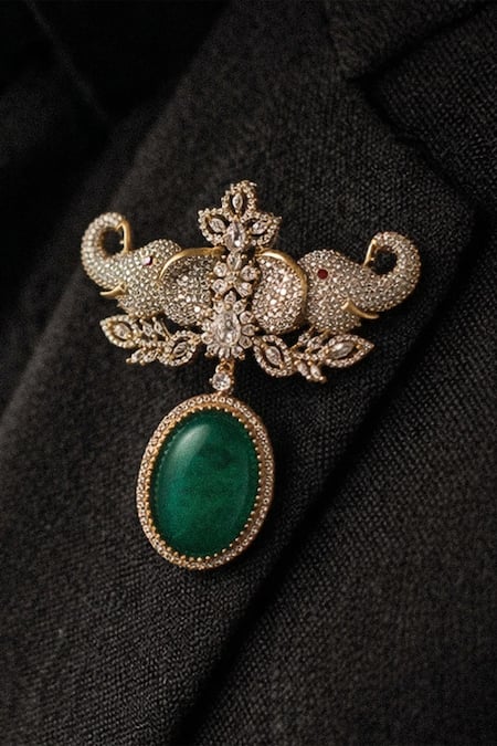 MRJEWELS Emerald Elephant Embellished Brooch 