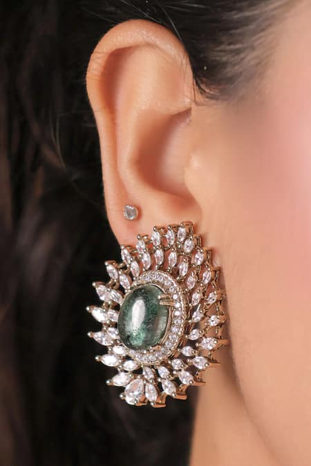 Shop MRJEWELS Green Stones, Crystals Victorian Statement Studs at Aza Fashions Shop_MRJEWELS_Green Stones, Crystals Victorian Statement Studs _at_Aza_Fashions