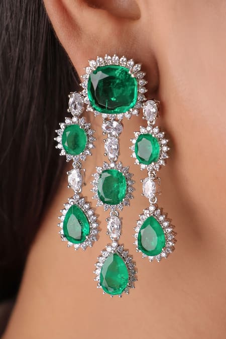 Shop MRJEWELS Emerald Green Stones, Crystals Drop Statement Earrings at Aza Fashions Shop_MRJEWELS_Emerald Green Stones, Crystals Drop Statement Earrings _at_Aza_Fashions