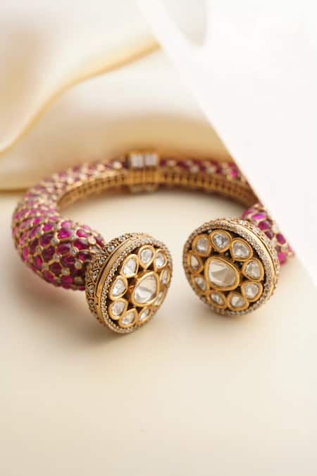 MRJEWELS_Pink Stones, Crystals Meenakari Designer Statement Polki Bangle - Single Pc _Online_at_Aza_Fashions