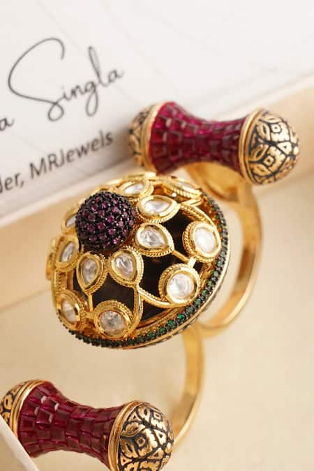 MRJEWELS_Green Stones, Statement Glamour Dual Finger Ruby Ring _Online_at_Aza_Fashions