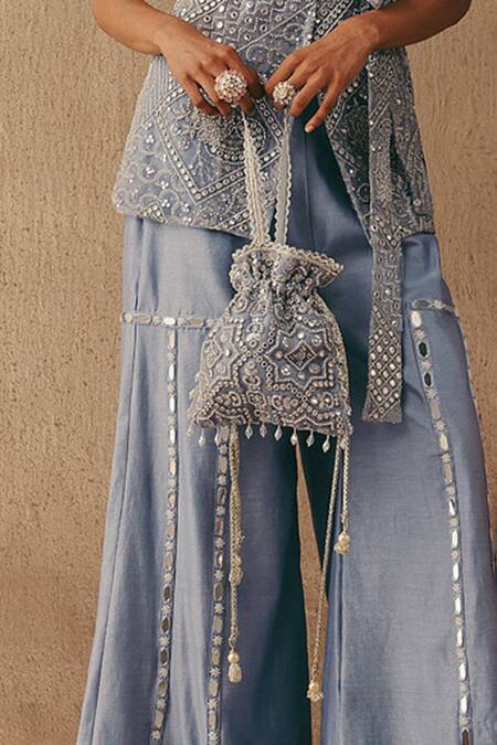 Twenty Nine_Sky Blue Beads, Mirrors Beadwork Net Potli Bag _Online_at_Aza_Fashions