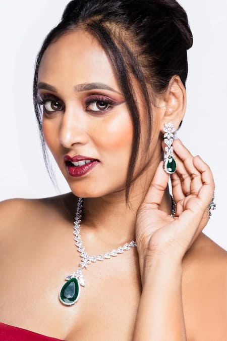 MRJEWELS_Green Stones, Crystals, Faux Diamonds Emerald Grace Royale Necklace Set _Online_at_Aza_Fashions